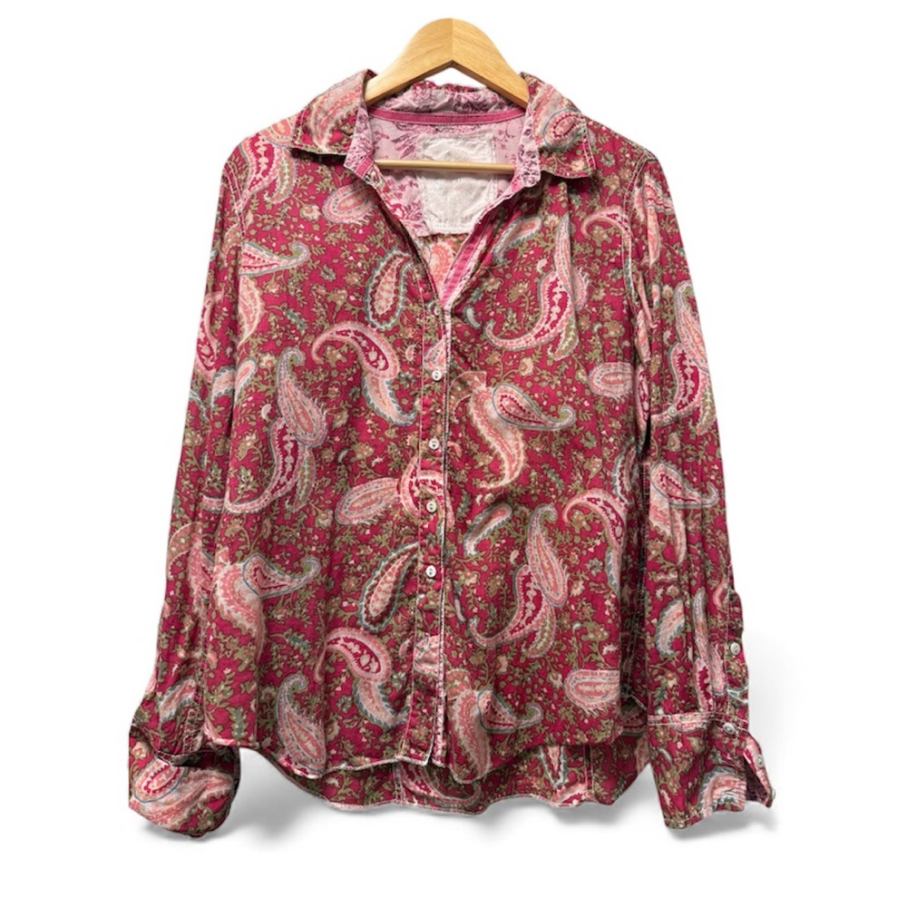 CINO- 100% Cotton Wine Dusty Rose Paisley Button Down Shirt | Large | Boho Chic